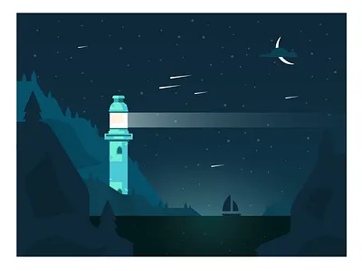 Lighthouse boat building hills house illustration landscape lighthouse moon night sea vector