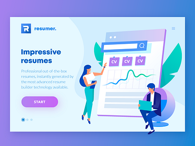 Resumer blue crypto cv gradient illustration landing page people purple resume site ui