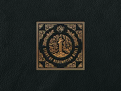 ESV Story of Redemption Bible (Leather Badge) badge engraving etching illustration line art logo vector