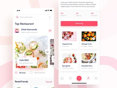Resto friends App Exploration ai food app favorite dish favorite dish food app my restaurant app recipe app restaurant home restaurant newsfeed restaurant profile restaurant ui share social app top restaurant
