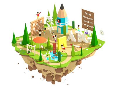 Vsual island 3d animation building city design graphic illustration low poly road town ui ux web design