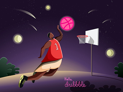 Hello, Dribbble! art artist basketball dribble illustration night
