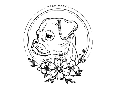 Darcy. blackwork dog flowers help needed illustration linework pug puggle puppy tattoo