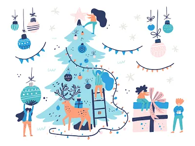 Christmas Tree character christmas drawing flat giant hand drawn illustration little new year people small woman