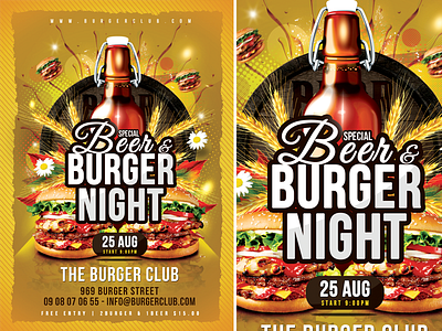 Beer Burger Night bar beer bottle barrel burger club creative disco fast food flower fresh food good food grains hot food menu night realistic restaurant special