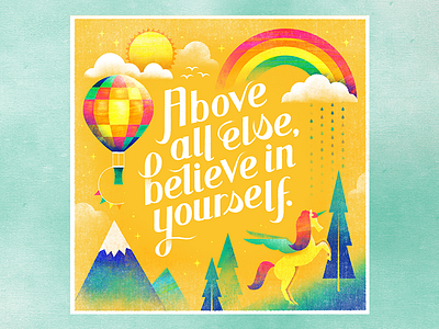 Sideways heart and smiley face! hot air balloon illustration mountain quote rain rainbow retro sun texture tree unicorn