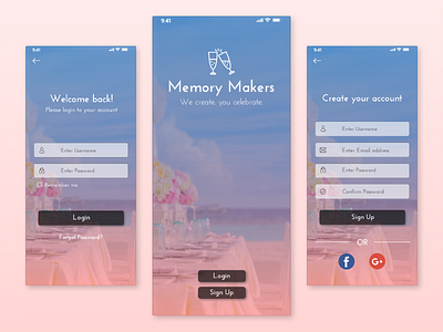 Sign up page for Event Management App abode app design event homepage ios login memory mobile signin signup social subtle ui ux wedding xd