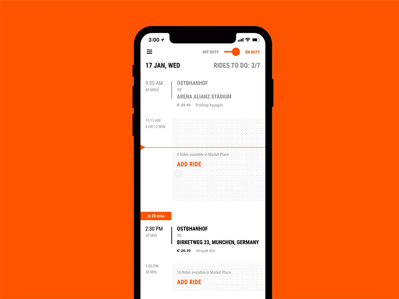 Quick app interaction for taxi/cab drivers app interactions calendar view driver app ios 10 iphonex mobile app prebooked rides scheduled rides timeline view