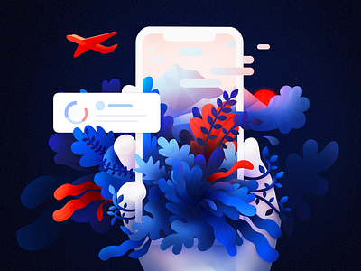 Journey of experience blue illustration journey nature plane red shapes travel ui ux world