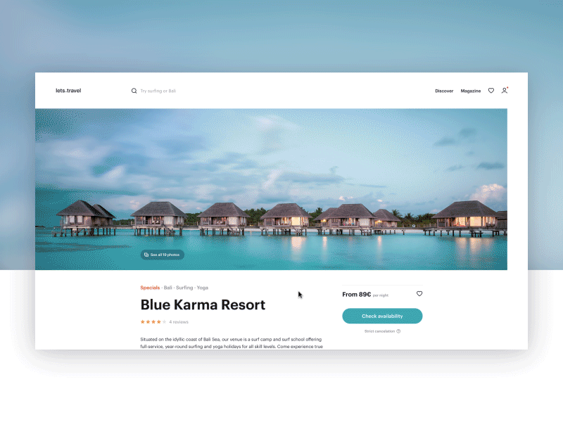 lets.travel - Location page accommodation animated calendar camp date desktop gif hotel icons location minimal platform surf ui ux web