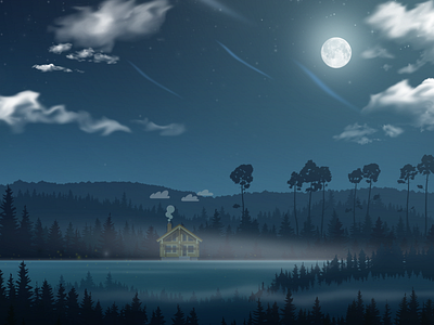 House in the wood art clouds forest house illustration moon nature night serene sky