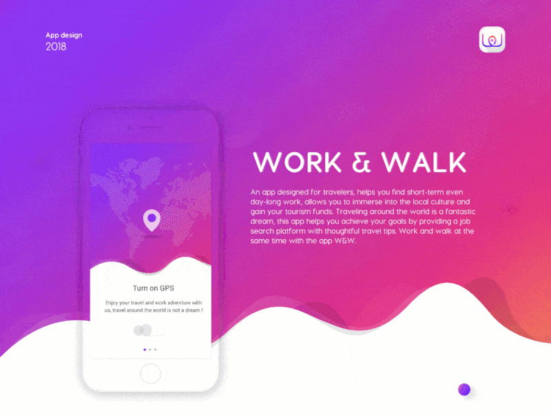 Work & Walk onboarding page app illustration interaction job landing page onboarding travel ui work
