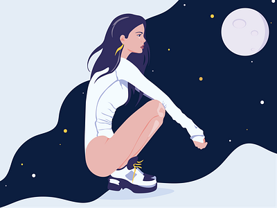 Shooting Stars beautiful cosmos dream girl hair illustration midnight moon pose shoes star woman