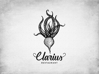 Clarius creative design food hand drawn illustration logo octopus radish restaurant rustic script font type typography vintage