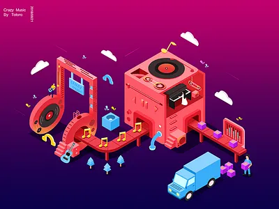 Crazy Music 2.5d car crazy gift illustration isometric music tree