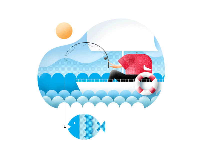 Fisherman - Design Process character character design design design process fish fishing geometric gif icon illustration illustrator marine minimal nature negative space process sail sea ship sun