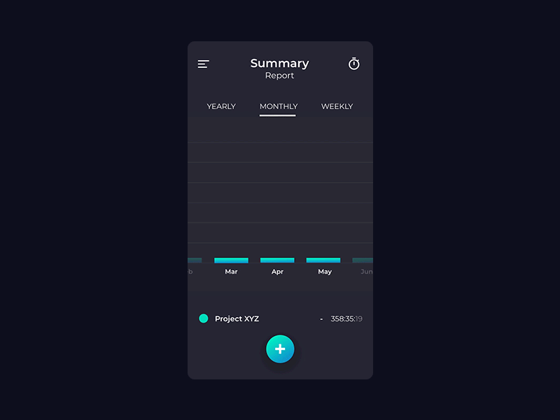 Timer Tracker App - Dark UI (Animated) animated animation app chart dark darkui design interaction principle time ui ux