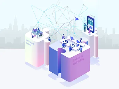 Extension Of Your Team character cooperation developers illustration isometric office puzzles team teammates vector