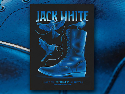 Jack White (San Francisco 8/16/18) bird birds blue boot dan kuhlken dkng dkng studios jack white nathan goldman poster san francisco screen print shoe shoelace silkscreen sparrow sparrows vector