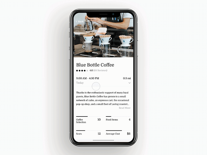 Cafe Locator App animated animation black white cafe coffee concept flat gif iphonex minimal principle scroll slider ui