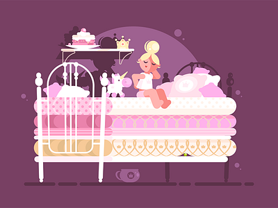 Little princess on pea bed character flat girl illustration kit8 little pea princess sleep uncomfortable vector