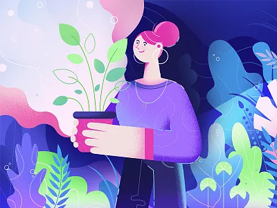 A new plant to my garden blue colorful detailed flat flat design garden gardener plant purple woman