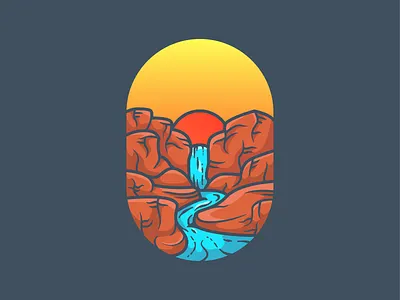 Waterfall adventure cliff cliffs icon illustration minimal mountain nature nature illustration sunset illustration vector waterfall