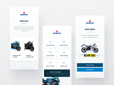 Suzuki - iOS app bike clean flat ios light mobile motorcycle ui ux welcome white