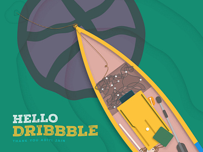 Hello Dribbble! boat design first firstshot fish flat hellodribbble illustration shots vector water waves