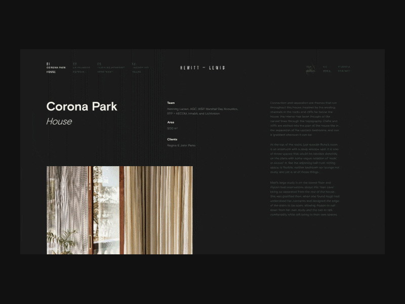 Hewitt—Lewis Project Page Scroll after effects animation architecture black clean design grid interaction photography typography ui ux web