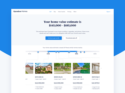 Home value estimate page carousel comps design estimate flat home home value opendoor price ui ui design ux design