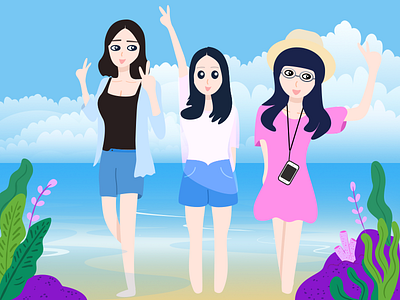 my girls beach blue cloud sea sky 女孩 插图