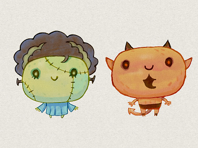 Monster bride and a handsome devil bride character costumes cute demon devil halloween illustration monster watercolor