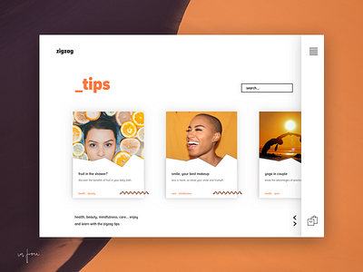 Zig Zag Web app blog design blog layout design designer digitaldesign fashion fashion app fitness app menu minimal orange photography uidesign web wellness