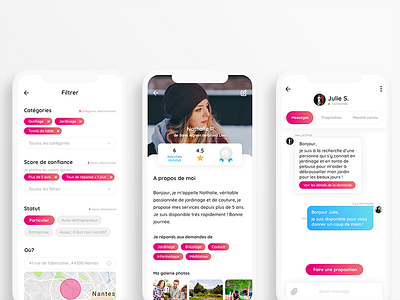 Profil & social screens - Allovoisins allovoisins app chat design filter iphone map message profil social ui ux