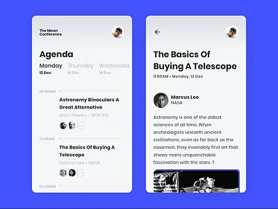 🌕 The Moon Conference Concept agenda app black white bold clean conference minimal mobile moon space timeline