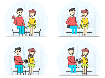 Linear style) baby box couple design family flat flower gift happy illustration line ring together vector web