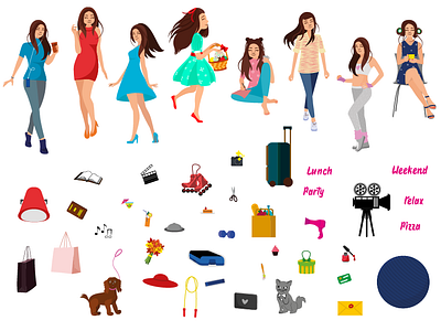 My girls), set of stickers. design flat flower girl icon illustration logo set sticker vector web