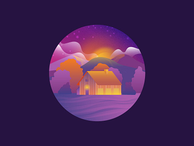 The Forest Is Falling Asleep cabin forest illustator mountain nature scenery starry night