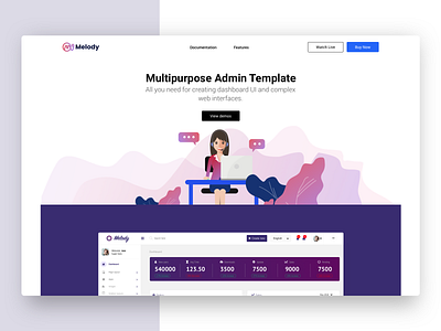 Melody Landing Page design branding clean design illustration landing page layout page sketch webdesign