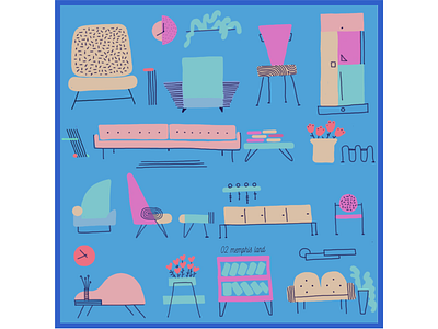 Memphis Land Dribbble colourful couch furniture design home illustration memphis shelves