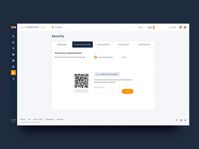 Security. Two Factor Authentication. P2PB authentication blockchain coin dashboard interface security ui ux web