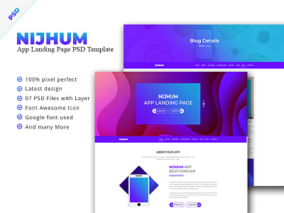 Nijhum App Landing Page Psd Template app app showcase app store blue bootstrap clean creative dark design ios landing page photoshop psd typography ui