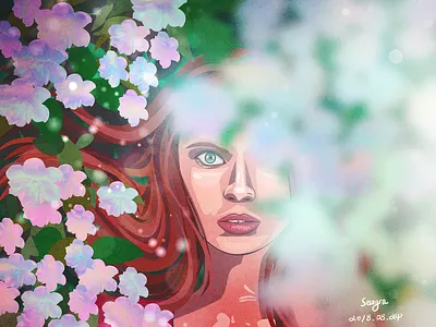 Girl and Flowers design digital art drawing girl gradient hologram illustration leaves painting rainbow vector