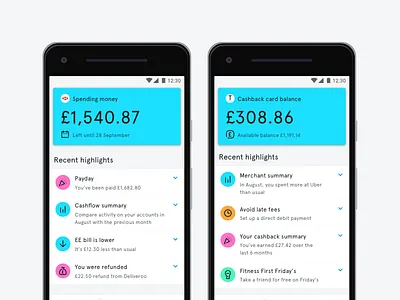 Spending Money, Credit Card & Highlights android bank blue branding challenger colour design finance icon material tandem ui ux