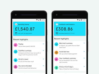 Spending Money, Credit Card & Highlights android bank blue branding challenger colour design finance icon material tandem ui ux