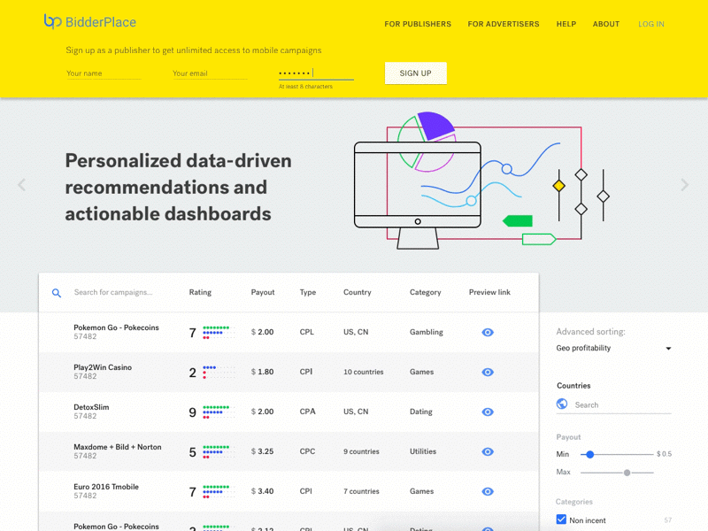 Main page animation flat gif material design slider table yellow