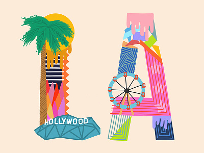 LA abstract design ferris wheel geometric hollywood illustration la lettering los angeles palm tree sun typography