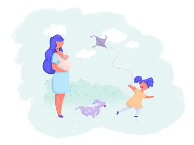 Poppy - Brand Illustrations baby caregiver digital art dog illustration kids kite mother nanny poppy wrap