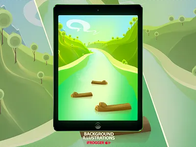 Background Illustration Series v1 background beach blue cloud cute design green illustration lake shore sky stylize tree trunk water